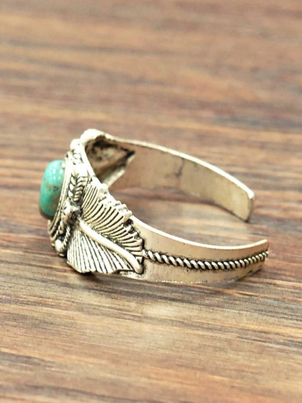 Turquoise Feather Cuff Bracelet Western Boho Silver Tone Navajo Style - Picture 3 of 3